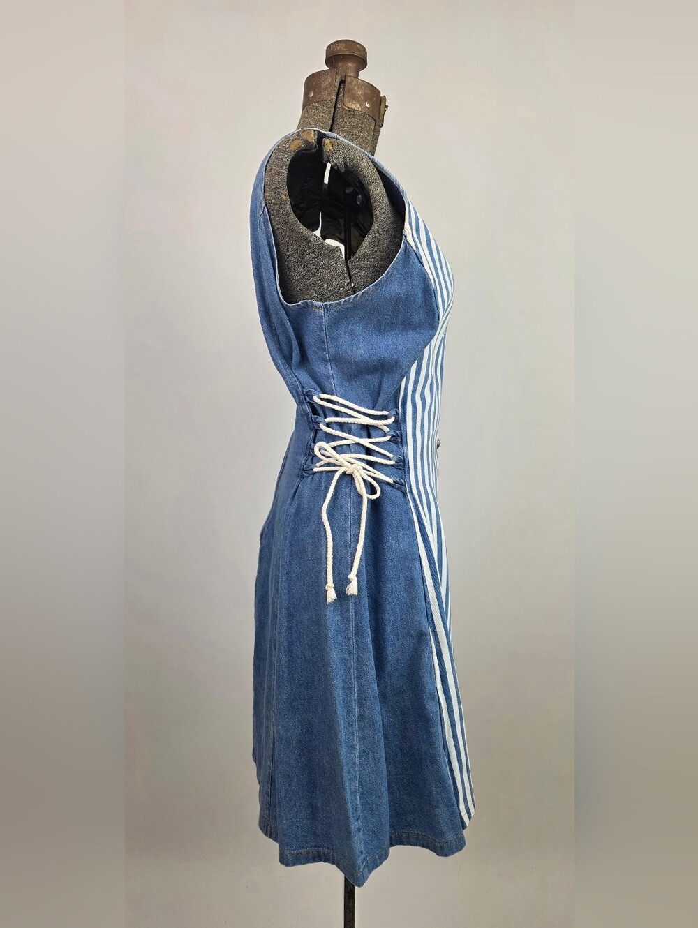 Green Box USA Vintage Women's Denim Striped Adjustable Side-Tie Dress Size L - Picture 4 of 7
